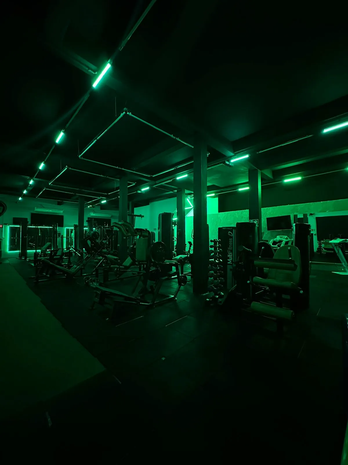 Área de musculação - Espaço amplo com equipamentos e iluminação verde